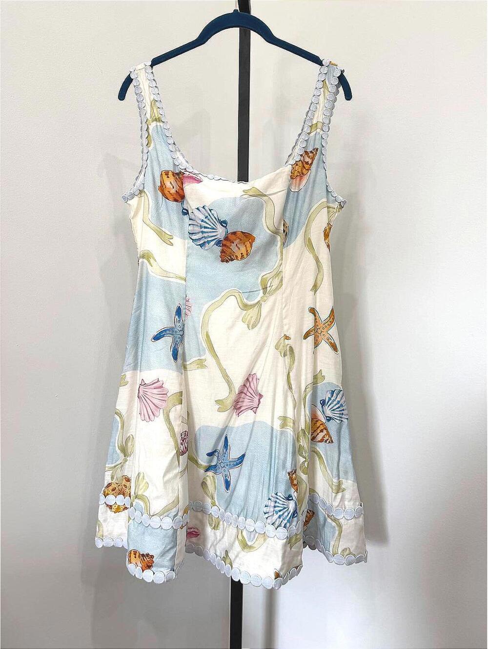 Sleeveless Midi Sundress with Sea Life Print in Light Blue & Cream